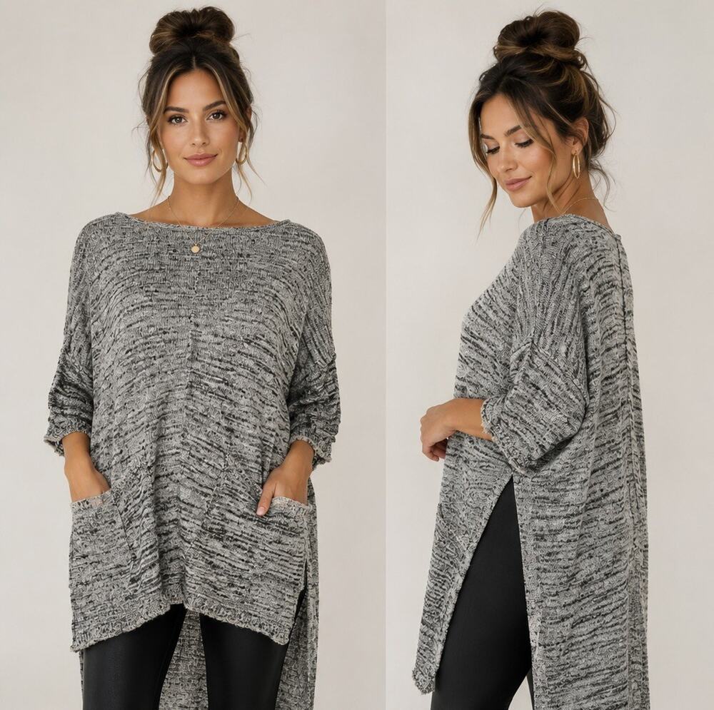 Free People NWT $98 Melange Hi-Lo Pullover Sweater Tunic Top XS Oversized Gray